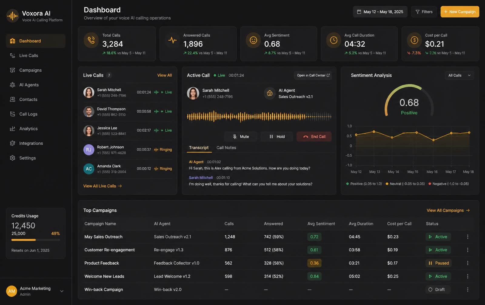Ombir AI dashboard showing live calls, campaigns, transcripts and spend