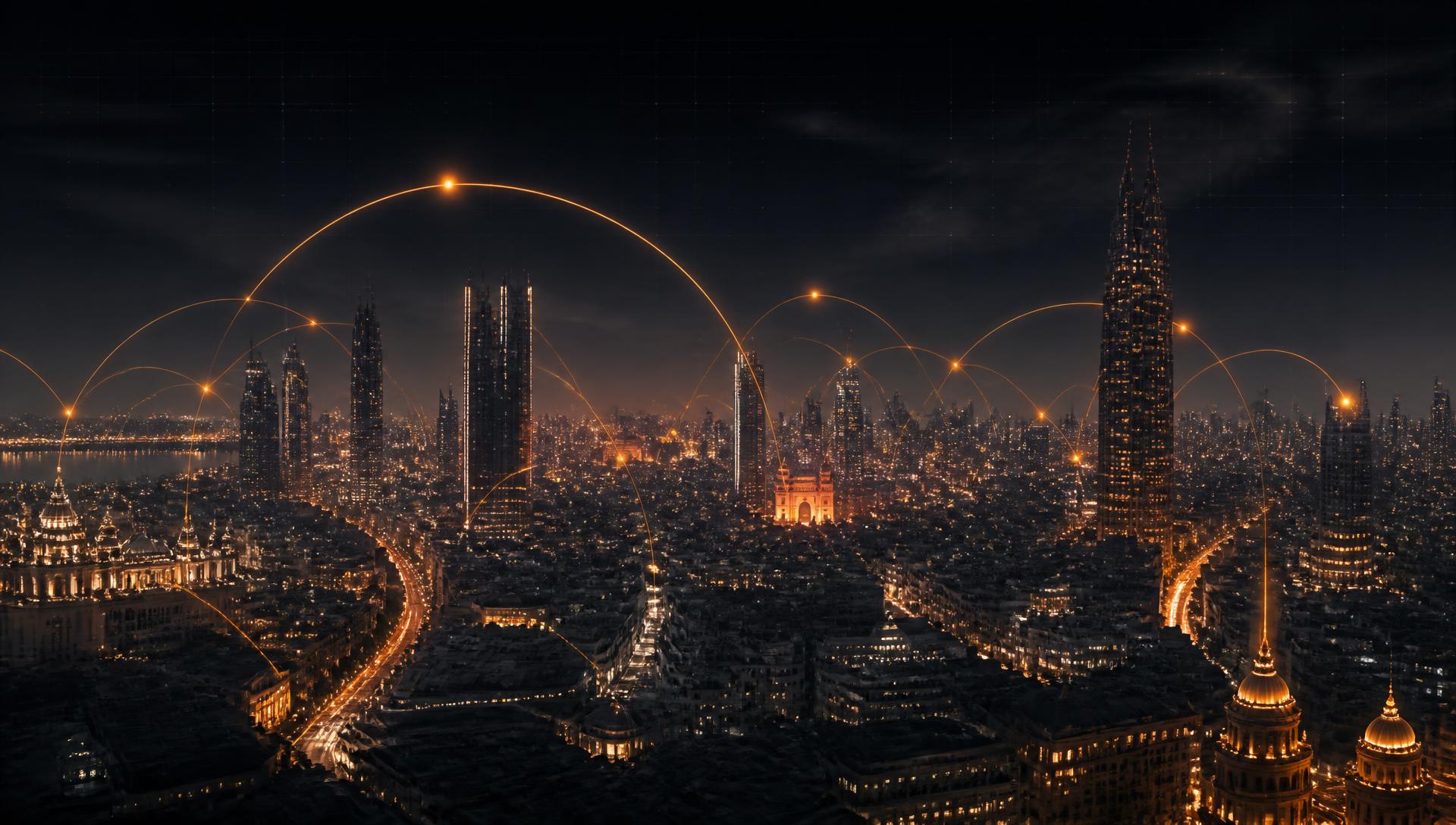 Night skyline with glowing call-signal arcs